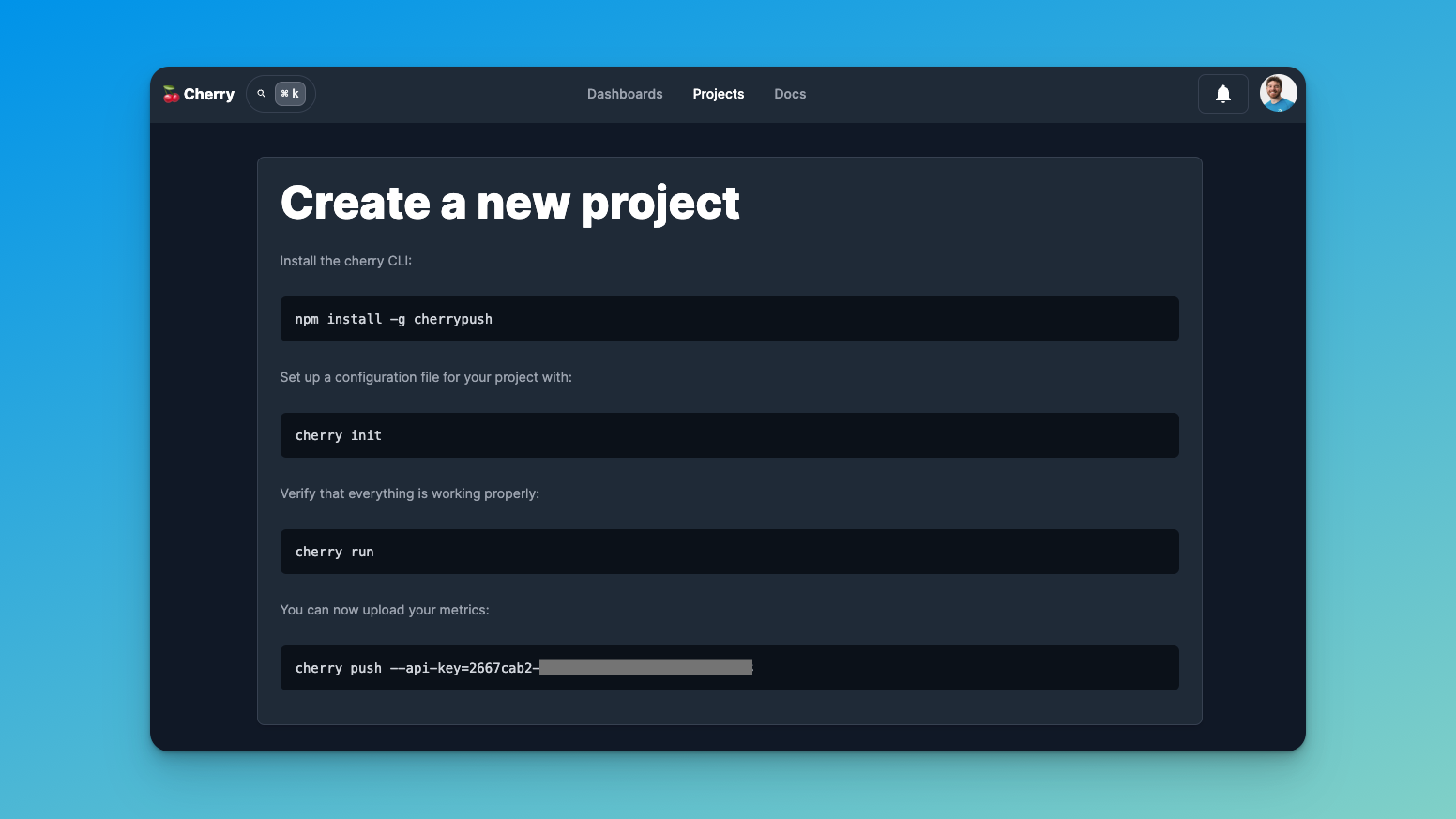 create a new project page with ready-to-use command-line commands